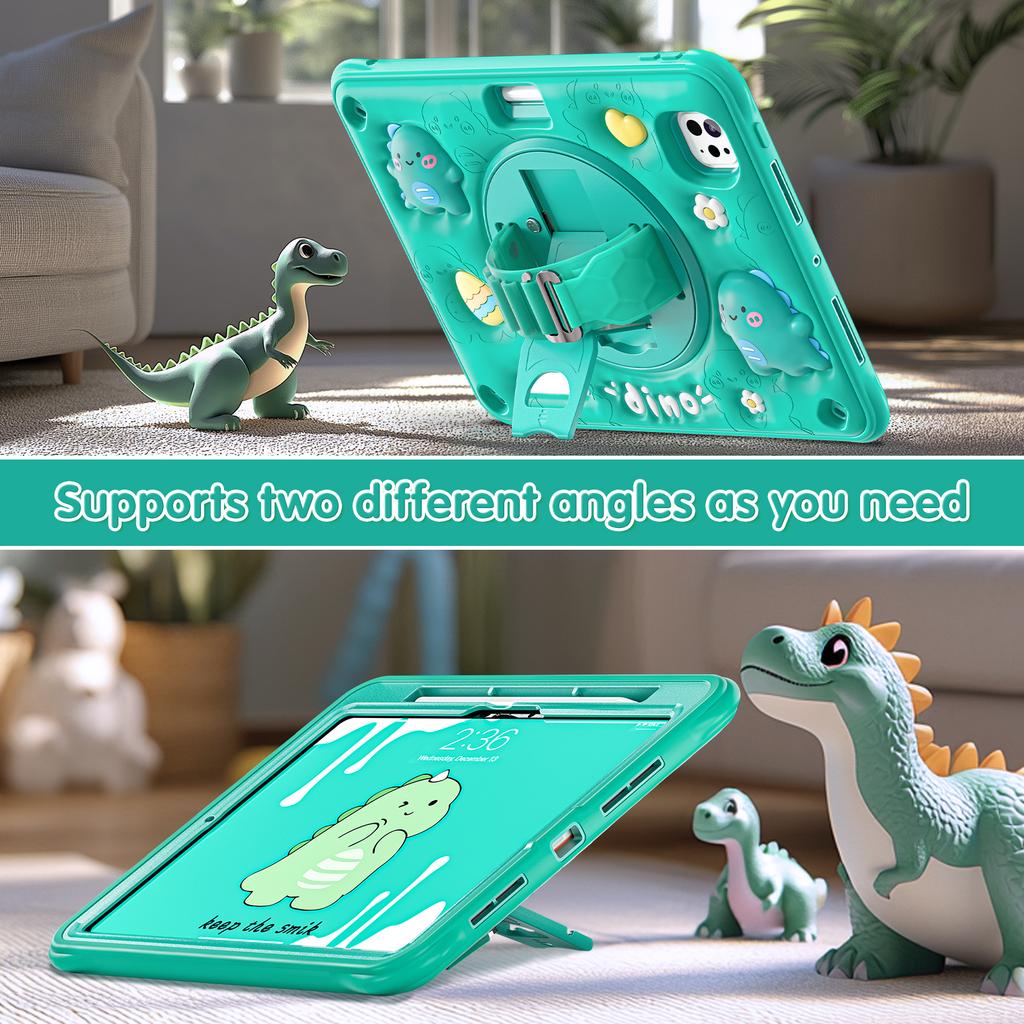 For iPad Pro 11 (2024) Case Cartoon Dinosaur Hand Strap Kickstand PC+Silicone+TPU Cover