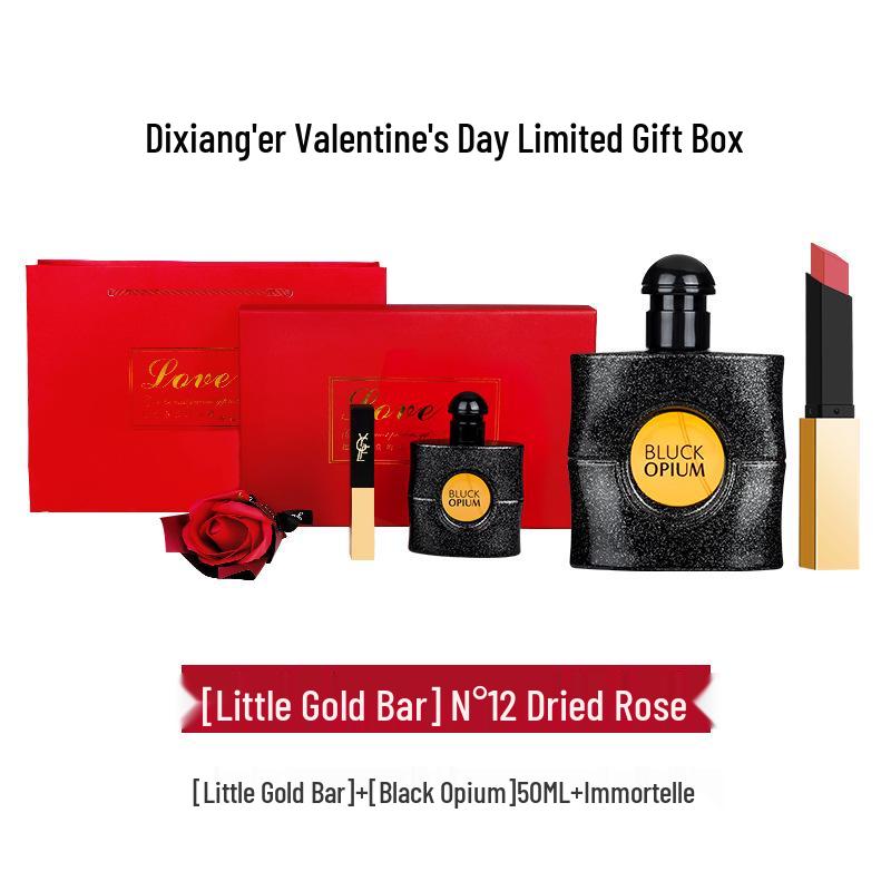 Qixi Valentine's Perfume & Lipstick Set: Rose, Black Opium, Libre - Gift for Girlfriend or Bestie