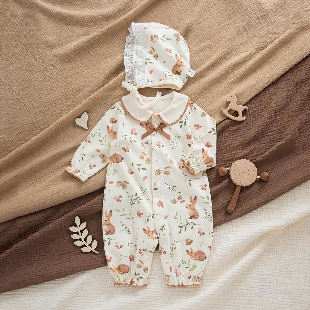 Mono de Algodón Floral Tipo A de Cuatro Estaciones para Bebés Niñas - Atuendo de Princesa para Primavera y Verano para Celebración de 100 Días
