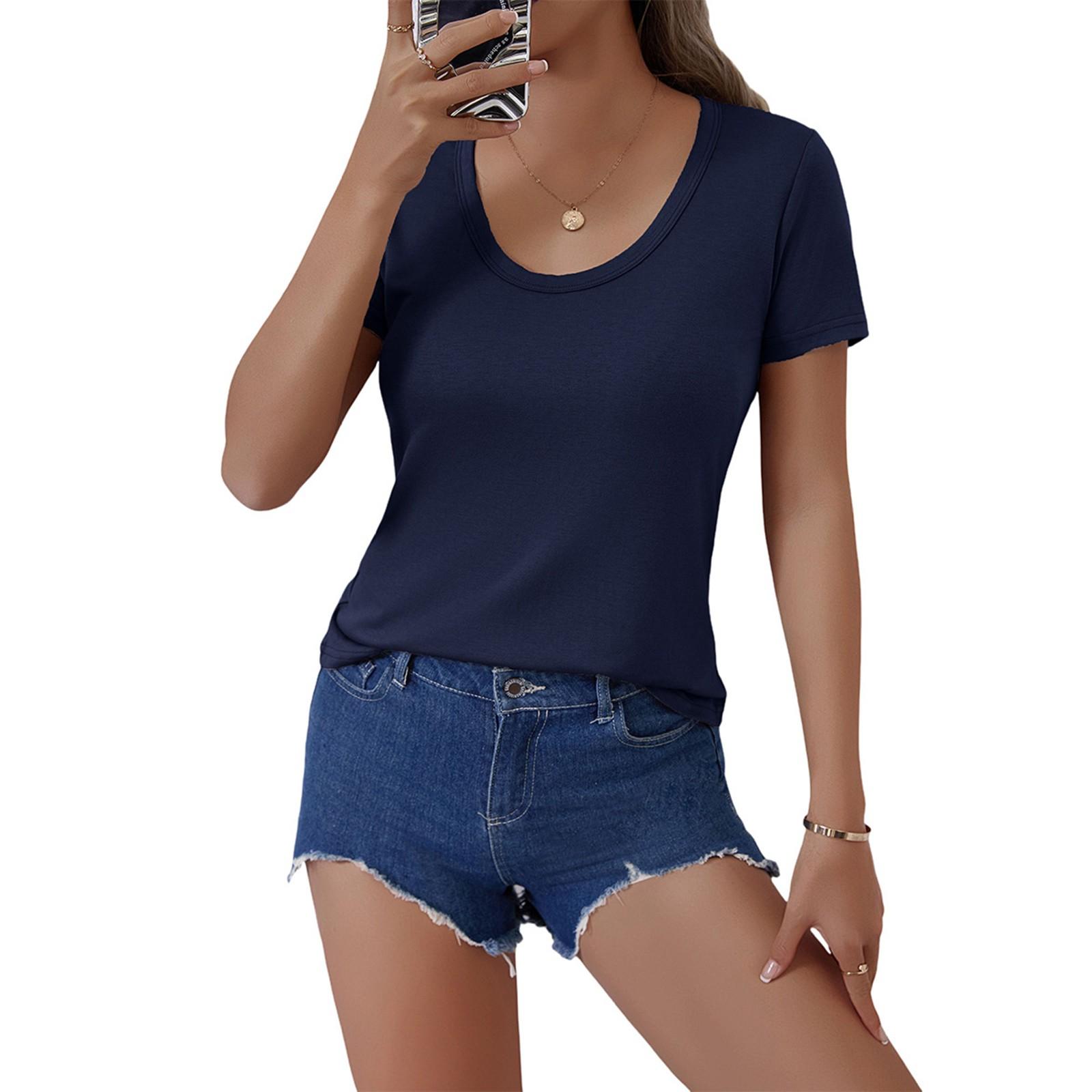 

Женская мода однотонный U-образный вырез с короткими рукавами пуловер повседневная футболка топ L тёмно-синий