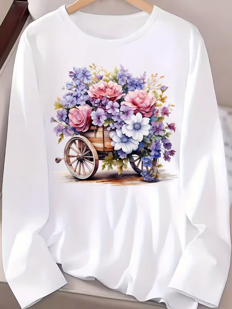 (Asian Size) Love Flower Style Casual Clothing Graphic Tee Women Autumn Winter Spring Fashion Top O-neck Print T Shirt Long Sleeve T-shirts