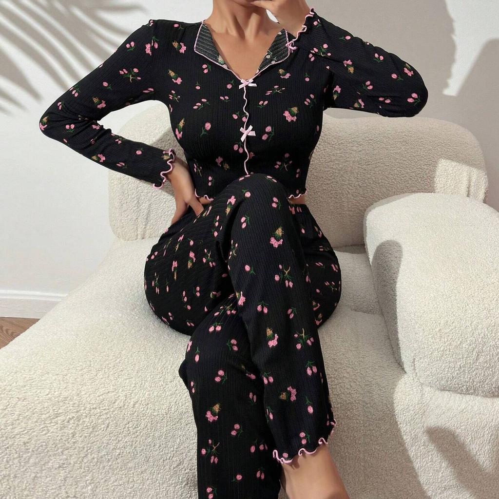 2025 wiosna lato damski zestaw piżam długi rękaw bluzki spodnie bielizna nocna 2-częściowy zestaw luźny strój domowy bielizna nocna piżama damska