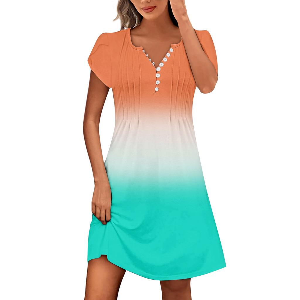 Women's Summer Button V-Neck Petal Sleeve Striped Gradient Bohemian Beach Dresses