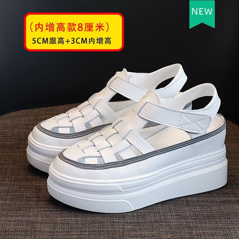 Sandálias de Plataforma Sapatos Femininos Chinelos com Aumento de Altura Interna Verão Feminino para Exterior Novo Sandálias Respiráveis de Couro de Vaca com Bico