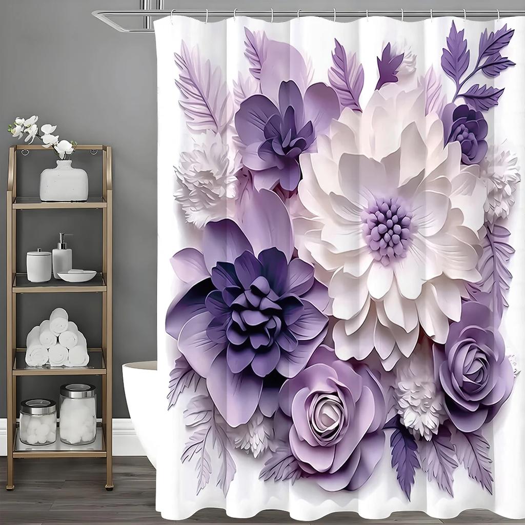 Purple Floral Light Relief Art Shower Curtain, Bathroom Decorative Shower Curtain, Waterproof Shower Curtain with Hooks