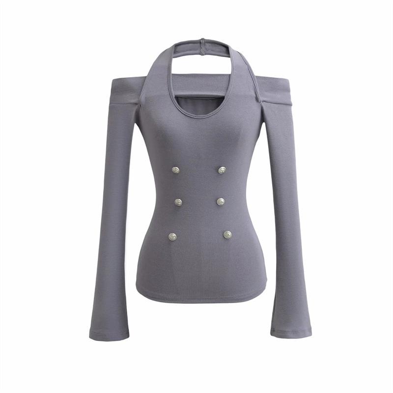 Korean Retro Spicy Girl Halter Neck Faux Layered Cinched Waist Long Sleeve Top Medium