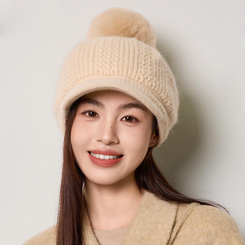 Rabbit Fur Warm Baseball Cap Women's Autumn Winter Velvet Ear Protection Knitted Cap Pullover Wool Cap