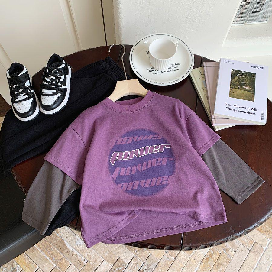Boys' 2025 Spring New Stylish Two-Piece Look T-Shirt - Korean Letter Print Pullover