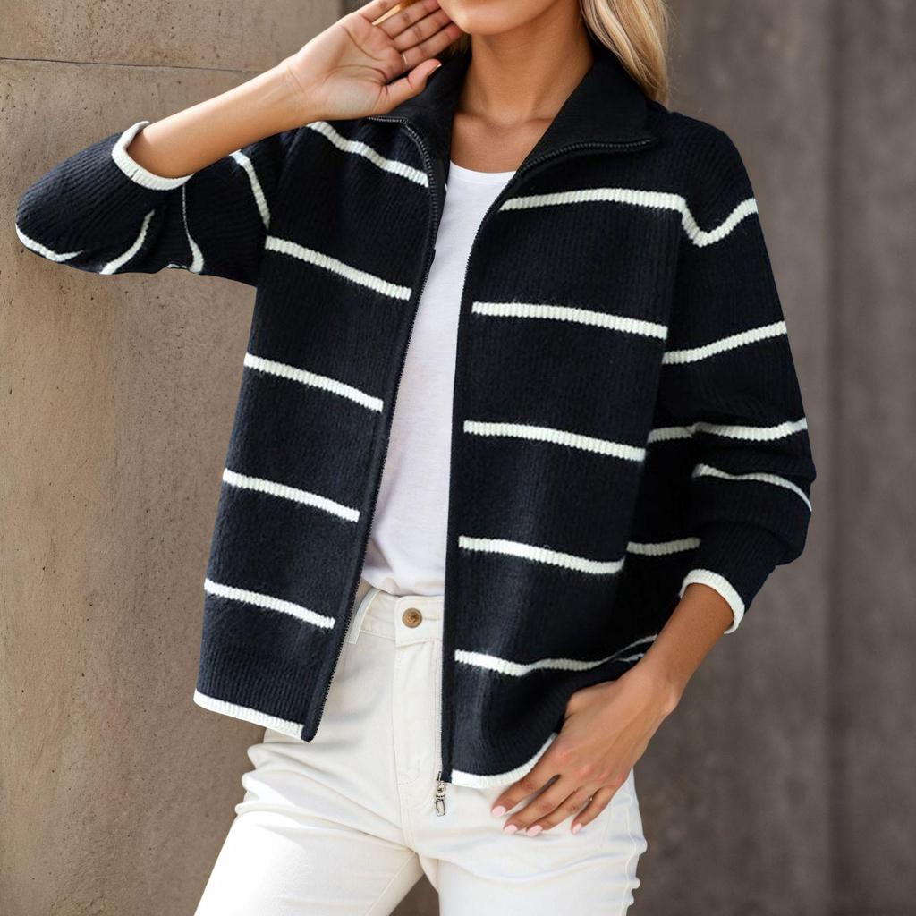 Women's 2025 Fall/Winter Color Block Striped Knitted Zip-up Cardigan with Turn-down Collar
