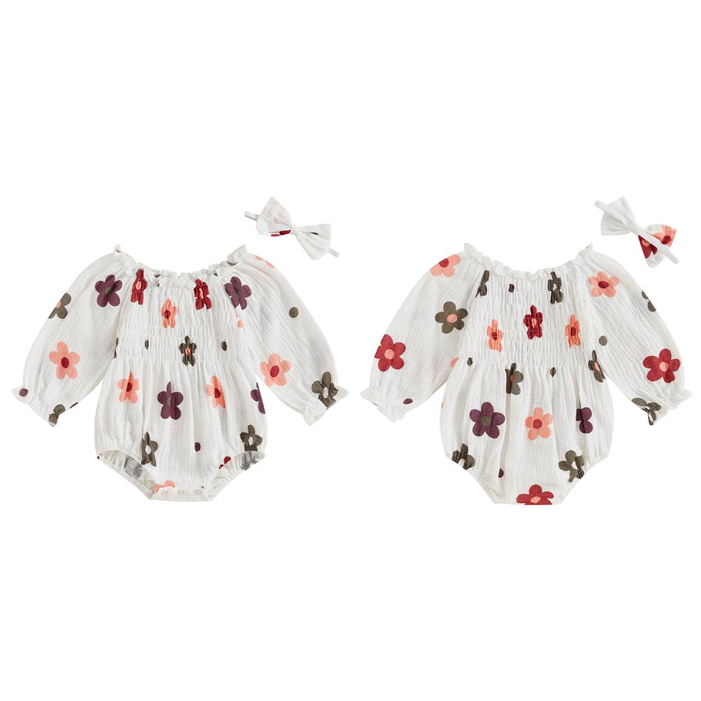 2-Piece Baby Girls Set Long Sleeve Floral Print Square Neck Smocked Ruffled Romper Bow Headband Adorable Outfits