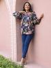 Blue Floral Print Mandarin Collar Cotton Top