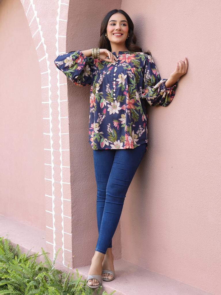Blue Floral Print Mandarin Collar Cotton Top