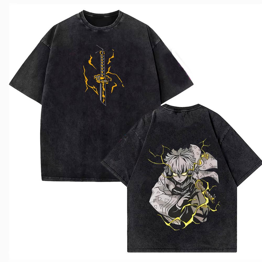Demon Slayer Blade Charcoal Jiro Extra Large Retro Washed Mens Tshirt Summer New Style Suitable for Both Men and Women