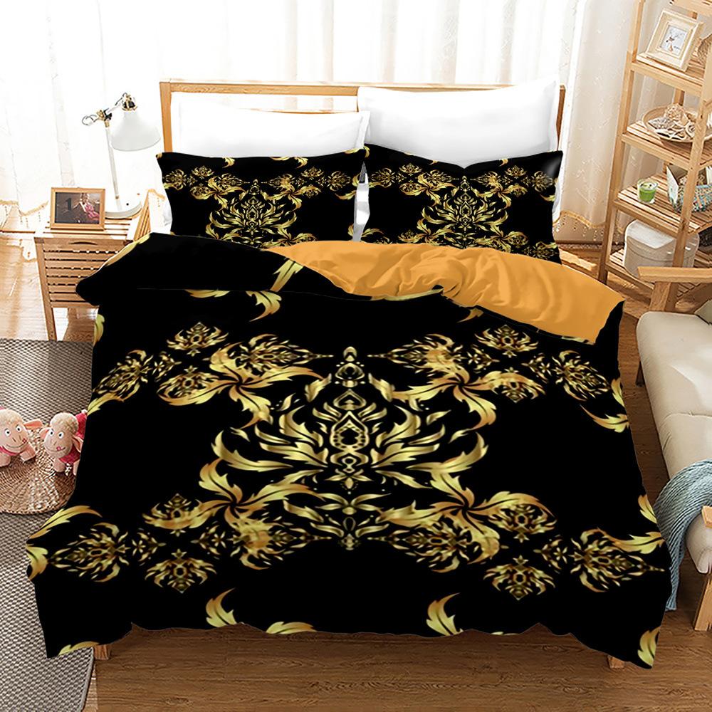 Black Gold Luxury Pattern Bedding Sheets Pillowcases Various Sizes 3D Printing Three-Piece Set