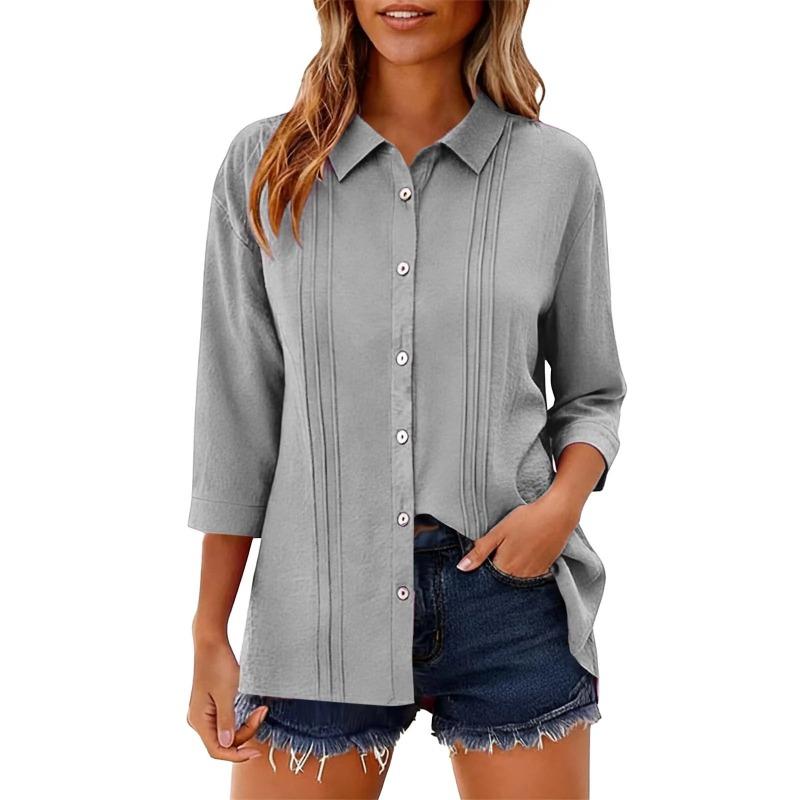 Summer New Women's Casual Tops Three-quarter Sleeve Solid Color Lapel Cotton and Linen Loose Shirt