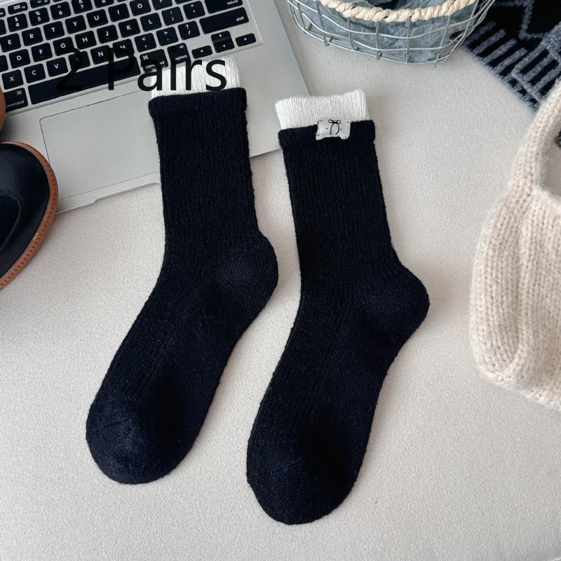 2 Pairs of Wool Socks - Children's Autumn-winter Thick and Warm Color-matched Double-cuffed Fabric Logo Bow Knee-length Socks Trendy Wool Long Socks