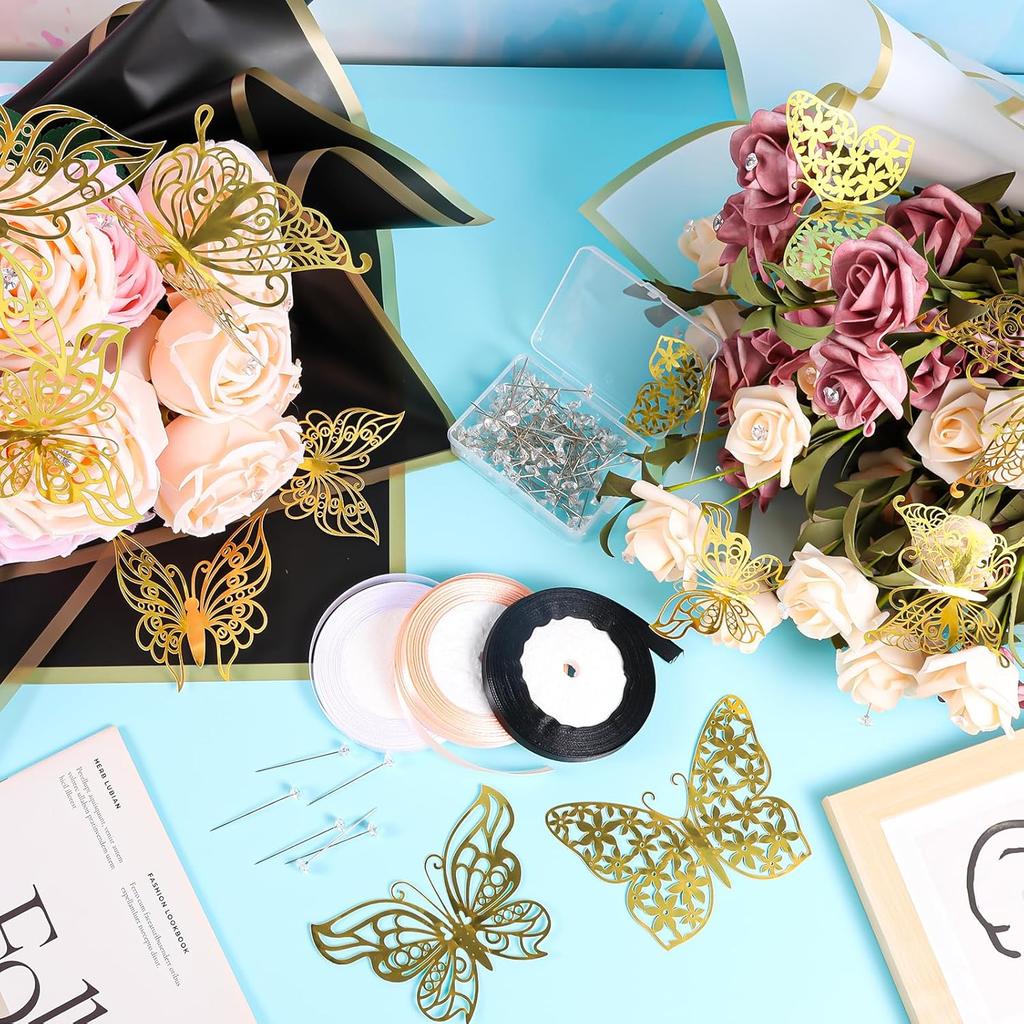 181Pcs Flower Wrapping Bouquet Paper Set with 30 Sheet Floral Wrapping Paper 48Pcs 3D Gold Butterfly Decor 100Pcs Bouquet Corsages Pins 4 Roll