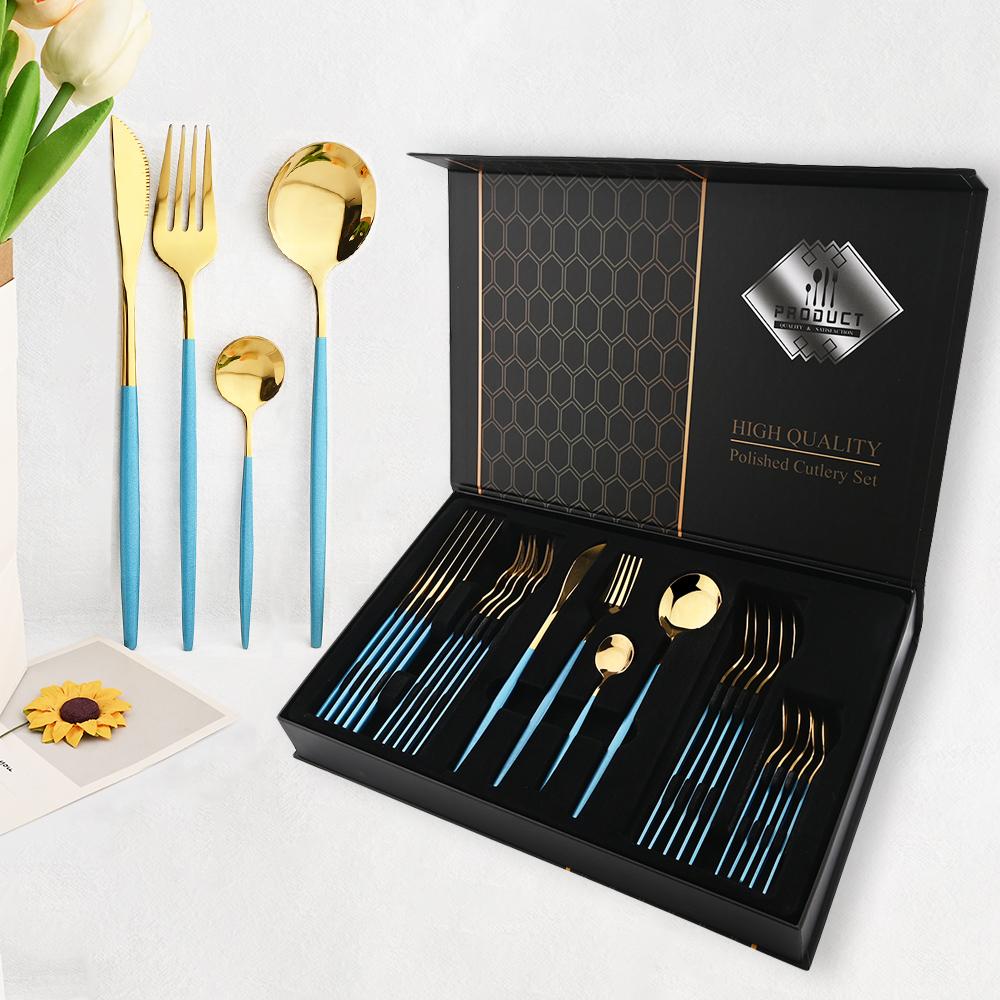 24pcs Pink Gold Dinnerware Set Knife Forks Spoon Cutlery Set with Gift Box Stainless Steel Spoon Flatware Kitchen Tableware