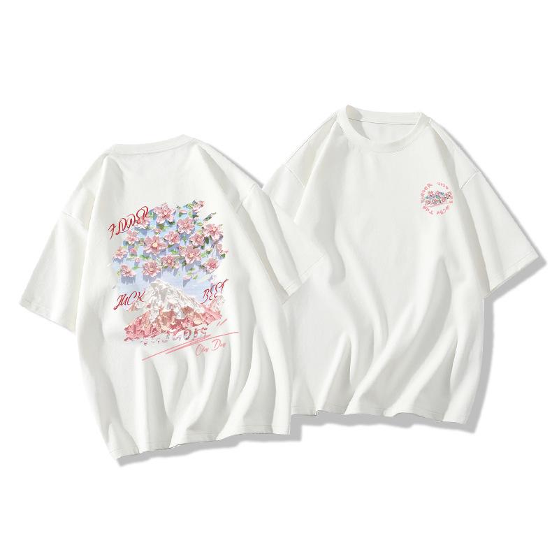 Weißes Baumwoll-Oversized-T-Shirt mit gerader Schulter, Damen-Sommerkollektion 2024, lockeres Kurzarm-Oberteil für Paare