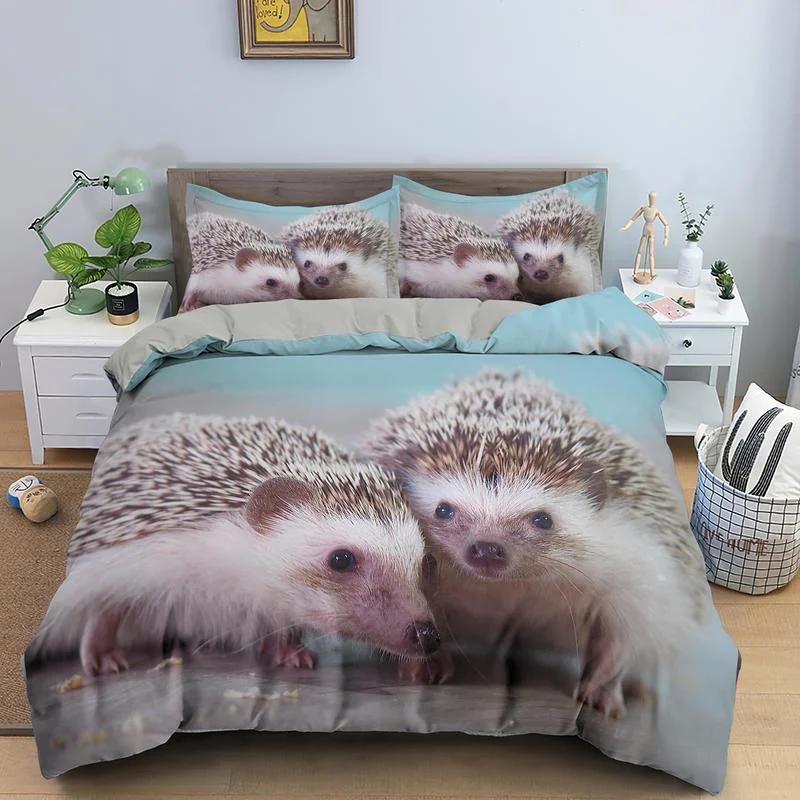 Hedgehog Bedding Set Cute Kawaii Wildlife Comforter Cover With Pillowcases For Boys Girl Polyester Bedding Set King Size