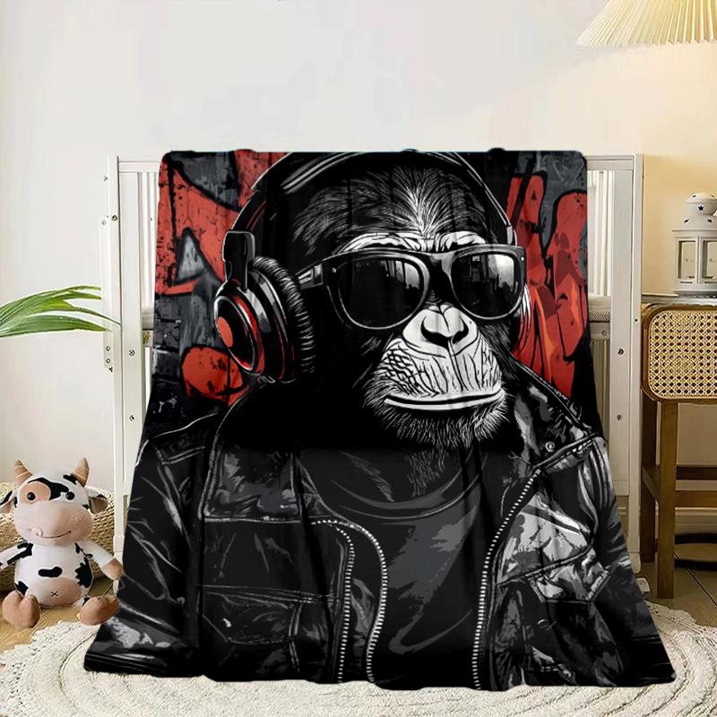 Monkey Music Headphones Blanket Flannel Blanket for bed, sofa, Camping, Hiking, Picnic Essentials, gift for family Fan gifts