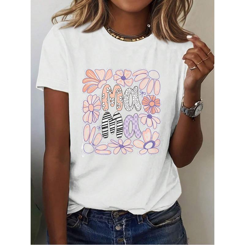

2026 Spring/Summer New White Casual T-Shirt for Women with Floral Mama Design And Round Neck, Perfect for Valentine S Day S белый