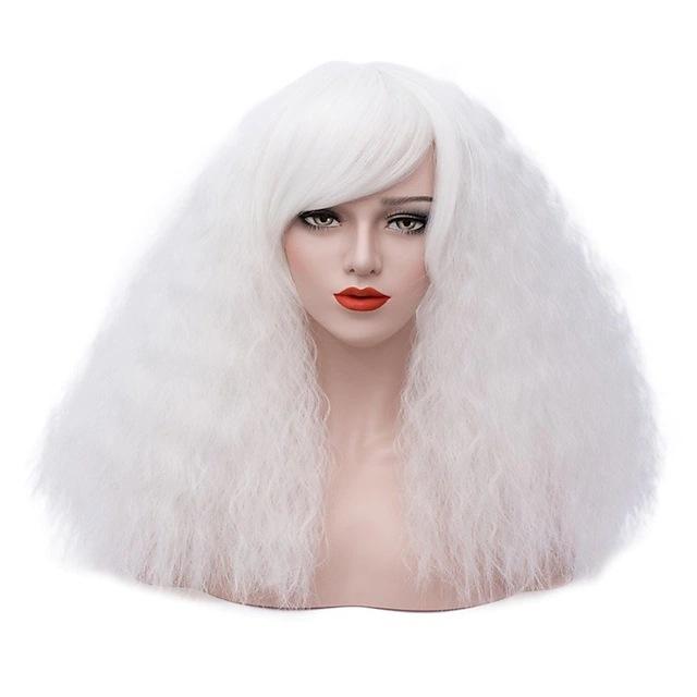 Stylish White Wig Slanted Bangs Corn Perm Long Curly Hair Instant Noodle Roll