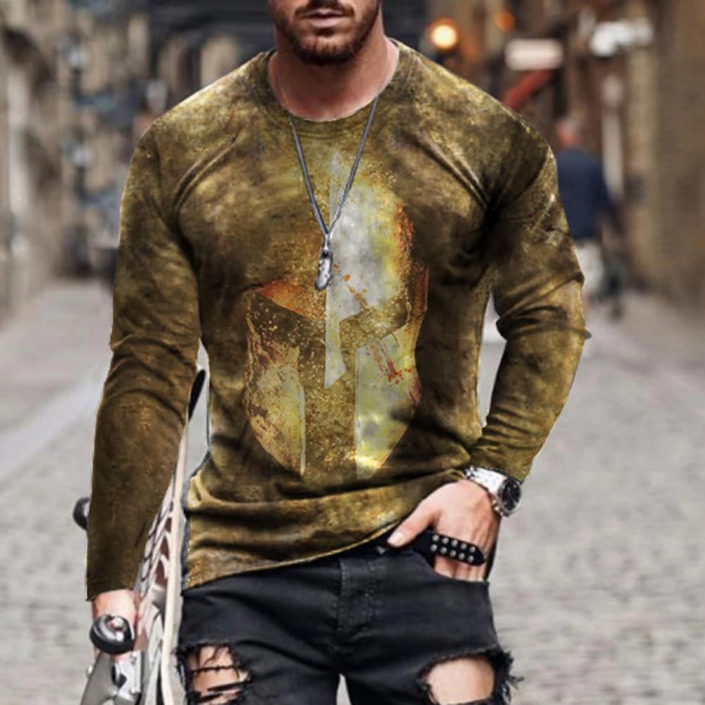 Knight Warrior Graphic Long Sleeve T-Shirt, Trendy Casual Streetwear for Men