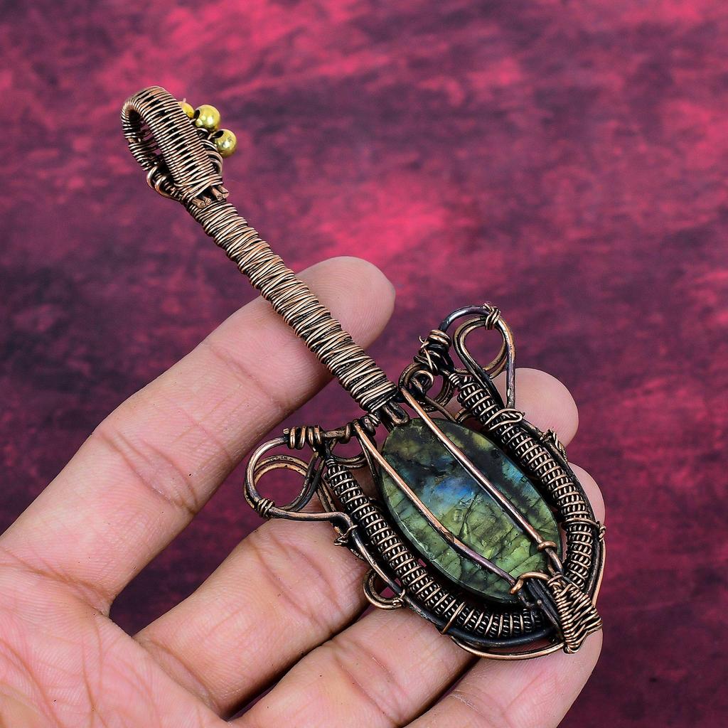 Labradorite Pendant Guitar Pendant Copper Wire Wrapped Jewelry Gemstone Pendant