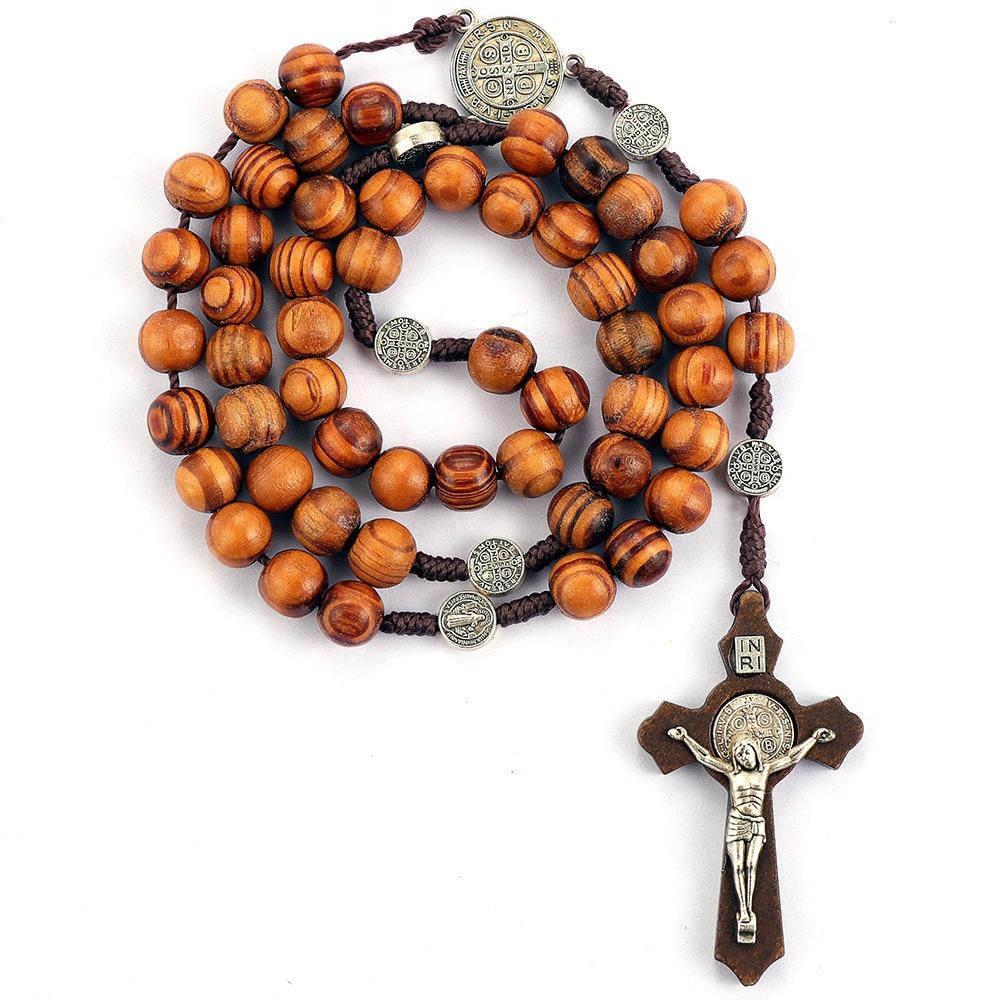 Christ Jesus Wooden Beads Rosary Bead Cross Pendant Woven Rope Chain Necklace Religious Orthodox Praying Jewelry