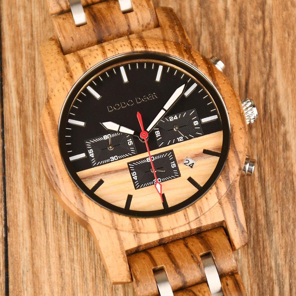 Wood Watch Multifunctional Luminous Calendar Chronograph 3-sub Dials Wooden Quartz Wristwatch Gift