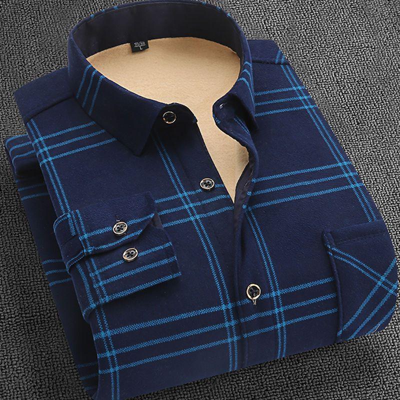 Jesień i Zima Męska Koszula z Długim Rękawem Polarowa Koszula Termiczna Kraciasta Kurtka Ubrania Odzież Męska Streetwear Męskie Koszule