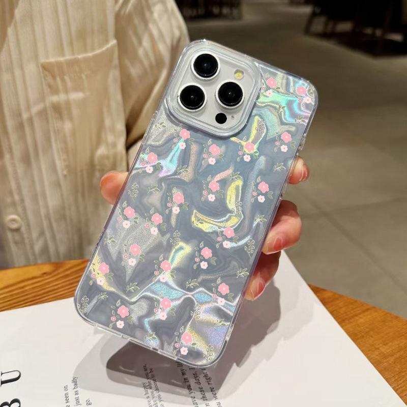 Luxury Floral Print Glitter Slim Case For iPhone 16 15 Pro Max 14 Pro 13 12 11 Glossy Shockproof Hybrid TPU PC Clear Phone Cover