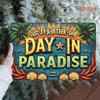 1pc Vintage Tin Sign - "Just Another Day In Paradise" Retro Wall Art with Tropical Palm Trees & Sunset Design for Room Decor