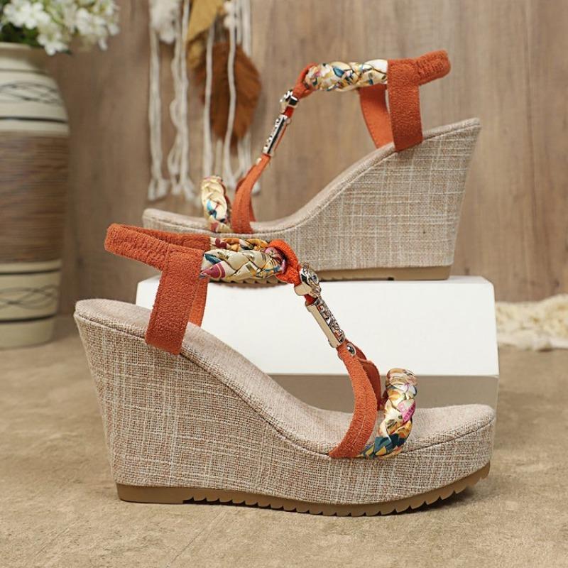 Sandalias de Cuña para Mujer de Estilo Bohemio Decoración con Cuentas Sandalias de Plataforma Gruesa para Mujer Verano 2025 Tejido Estampado Sandalias de Playa