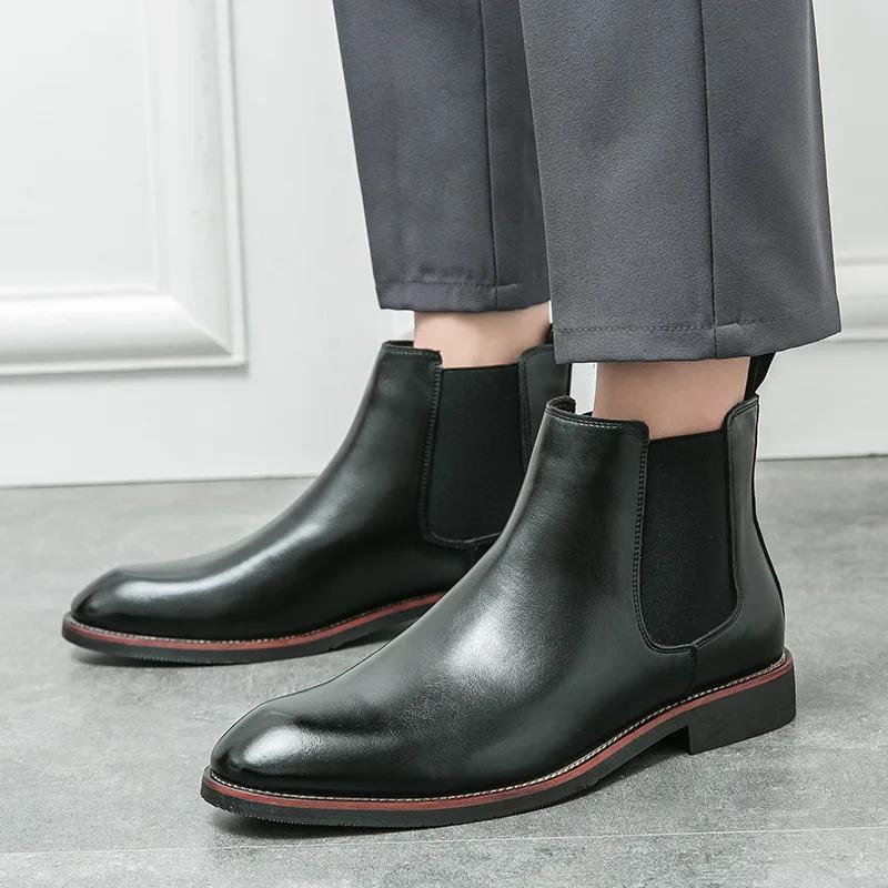 Fashion New Men Genuine Leather Thick Soles Boots Sleeve Chelsea Men Boots Luxury Brand Men's Booties Casual Business Formal Boots