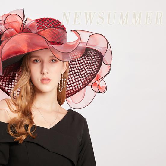 Women Performance Hat See-through Mesh Flower Decor Wide Brim Medieval Curling Edge Hollow Out Banquet Cap Stage Show Cap