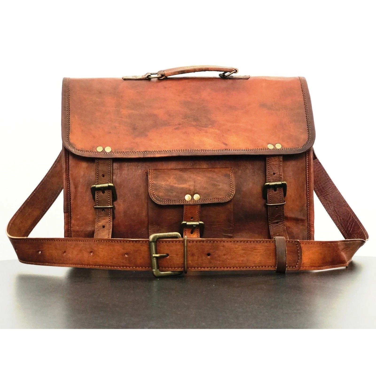 

Мужская винтажная сумка-мессенджер из натуральной кожи для ноутбуков, ручной работы, портфель, сумка-сатчел 16 x 12 x 5 in