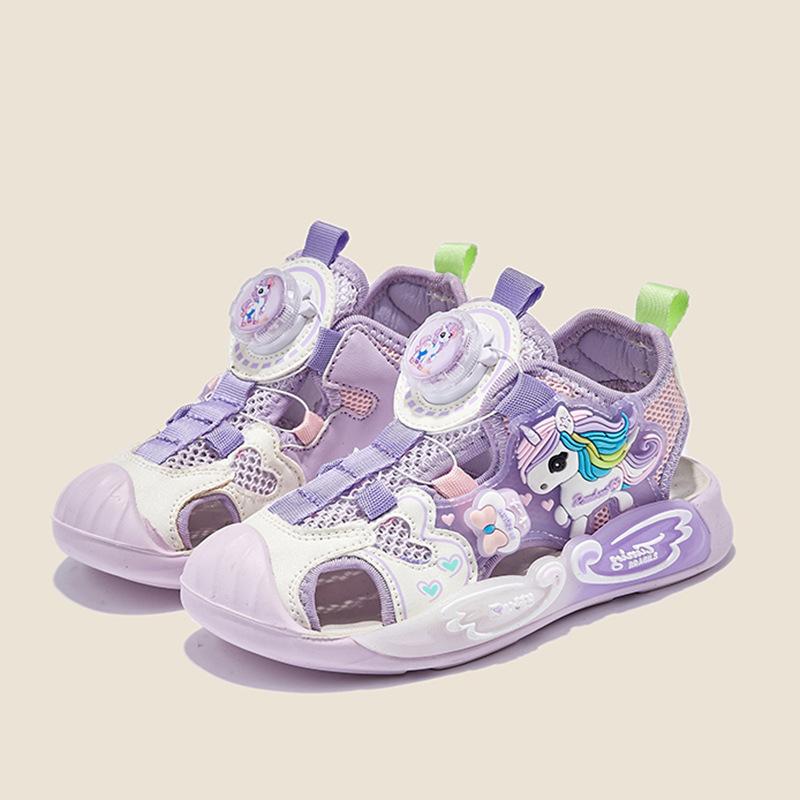 Summer new rotating buckle children's sandals boys and girls bag head shoelace lights boys bag head sandals kick-proof children