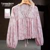 Elegant V-Neck Floral Long-Sleeve Loose Shirt