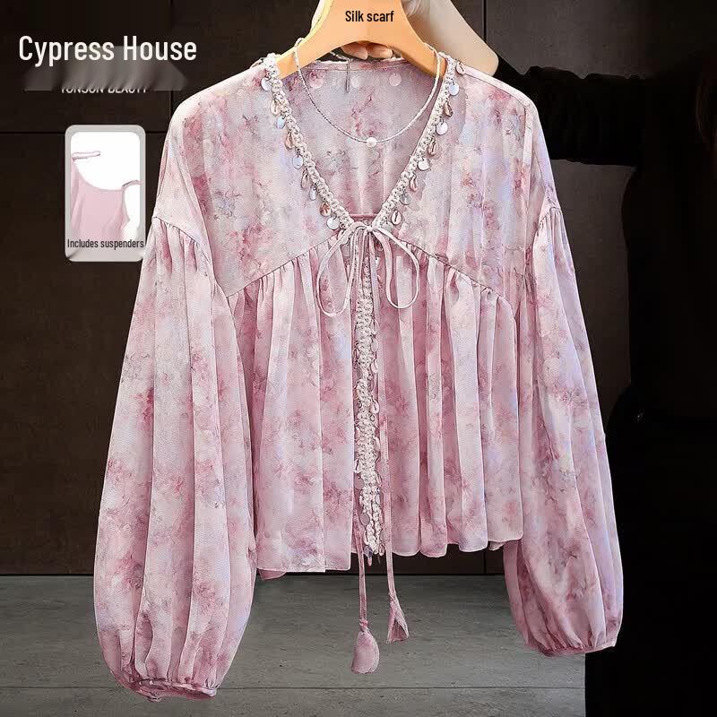 Elegant V-Neck Floral Long-Sleeve Loose Shirt