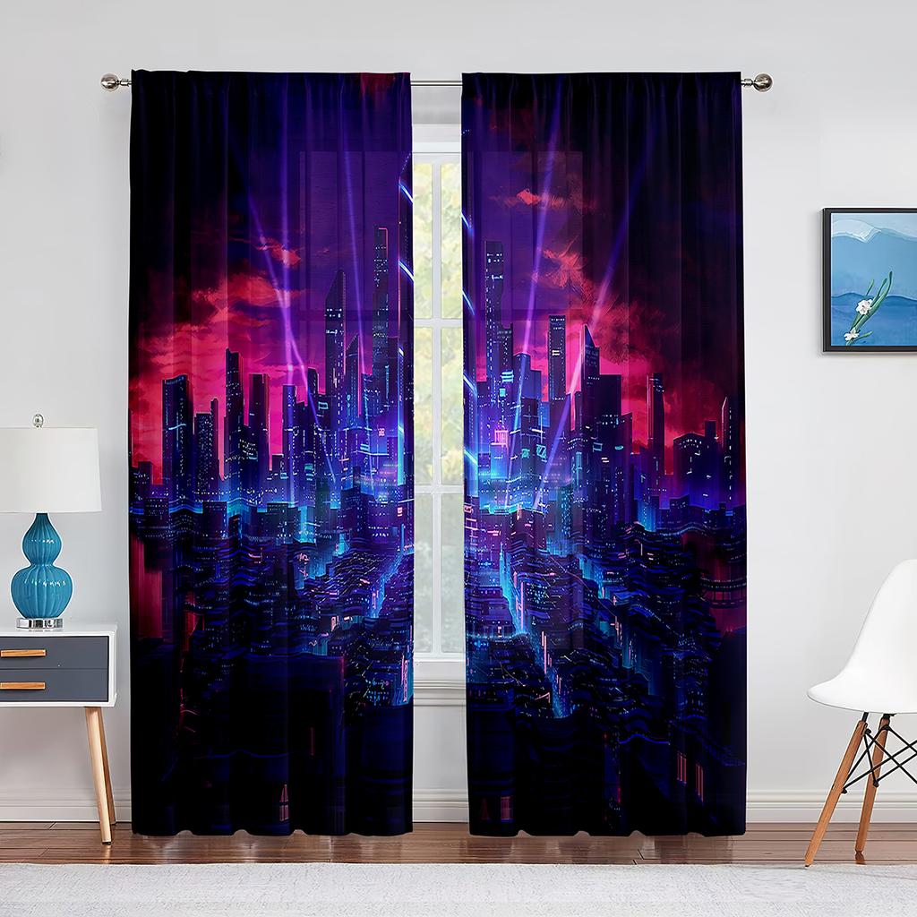 Punk Night City Landscape Purple Neon 2panels Curtain for Living Room Bedroom Drape Kitchen Window Curtains Home Essentials