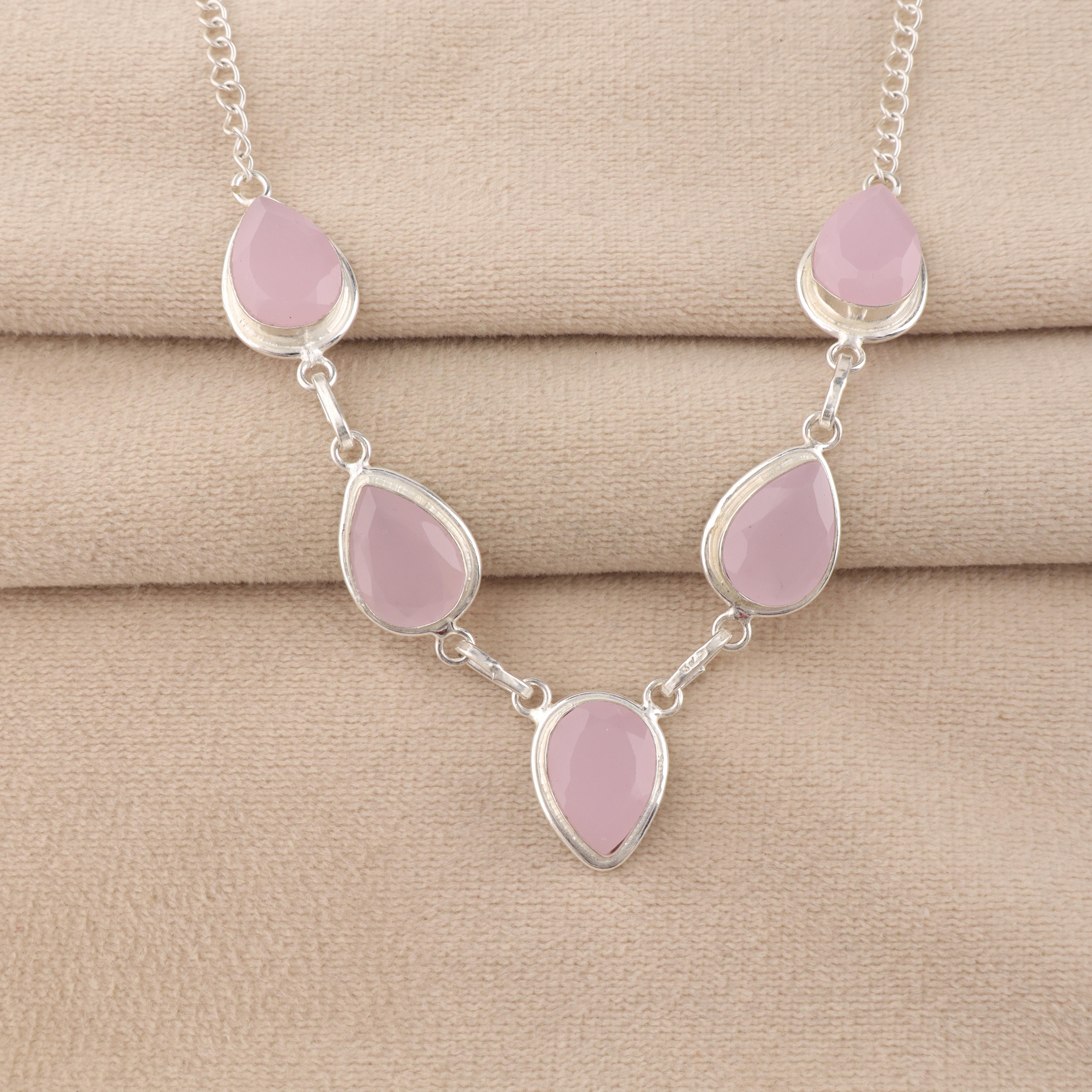 

Серебряное ожерелье с камнем розовый халцедон, ручная работа из стерлингового серебра 925 пробы, для юбилея RN-1-18