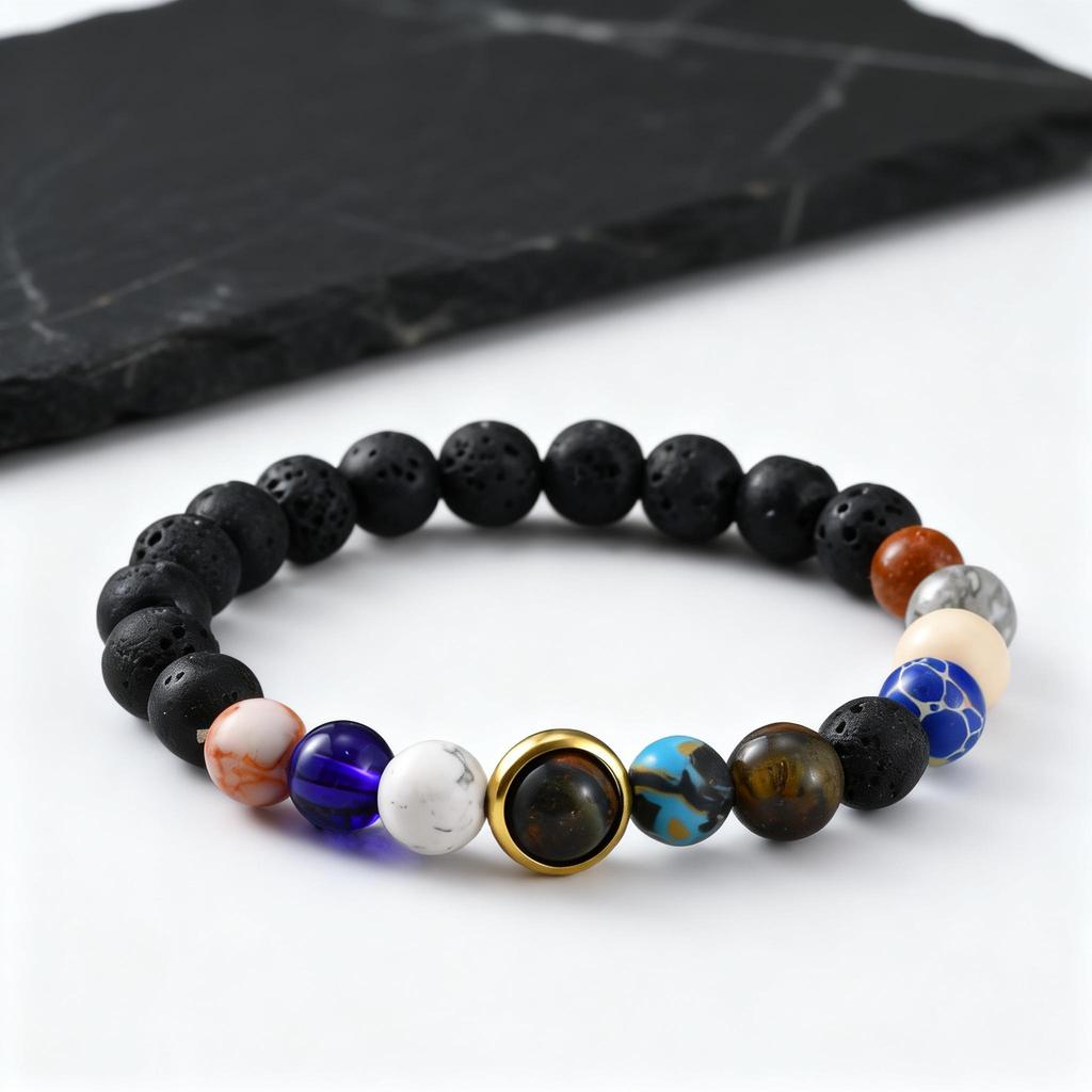 Eight Major Galaxies Beaded Bracelets for Men,Black Natural Stone Elastic Bead Bracelet,Classic Trendy Jewelry Gift