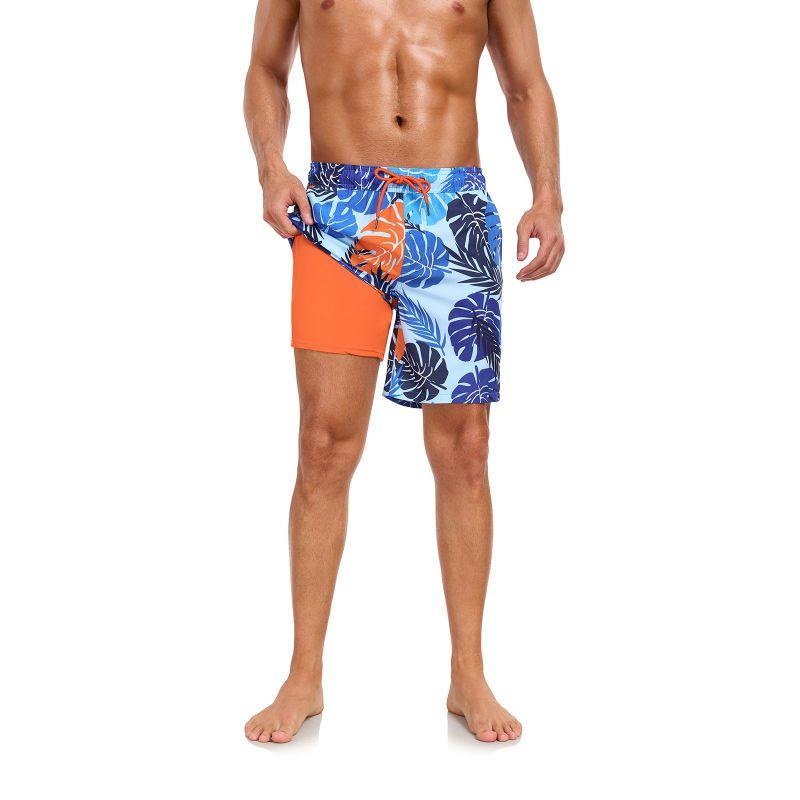 Men's Double-Layer Printed Beach Shorts Drawstring Swim Trunks