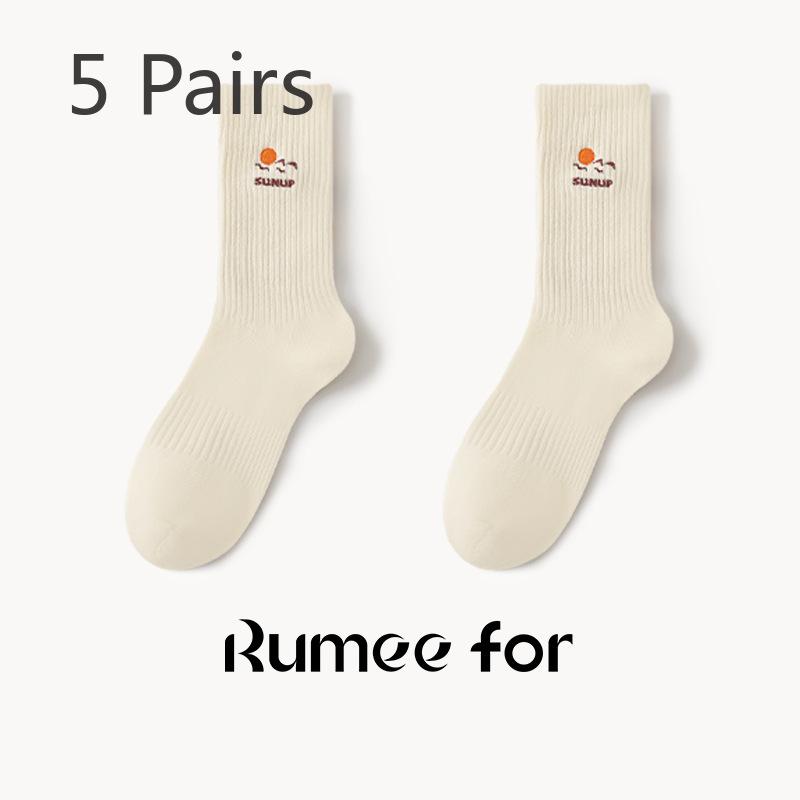 

5 пар новых женских носков средней высоты с вышивкой на весну и осень 5 Pairs бежевый