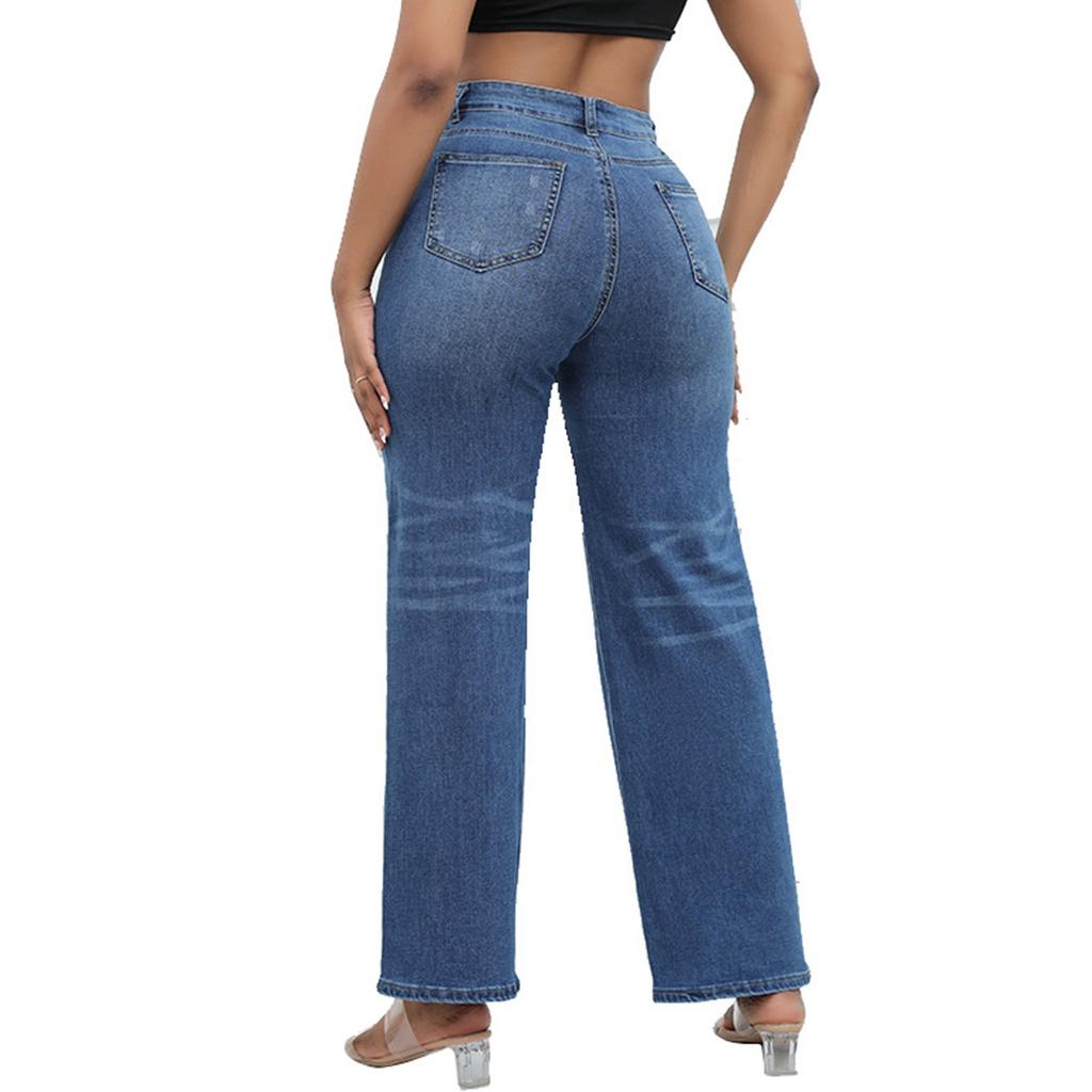 Jeans Women's Ripped Pocket Retro High Waisted Straight Leg Pants