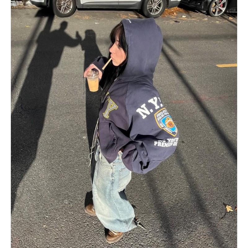 Mens Oversized Distressed Two-Piece Hooded Zip-Up Sweatshirt Winter Thick Cotton Streetwear