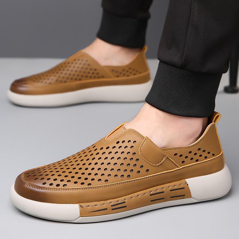 Men's Shoes New Summer Leather Hollowed-out Casual Leather Shoes Breathable Hole Shoes Trendy Soft-soled Outdoor Sports Shoes