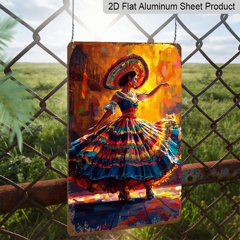 Płaskie 2D 1 szt. 8"x12" Znak Metalowy na Ścianę Cinco De Mayo - Żywy Meksykański Folklor Wzór Czaszki Cukrowej i Kaktusa, Wytrzymały Aluminiowy Wystrój do Domu, Baru